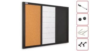 3-in-1-Kombitafel: Whiteboard, Kreide (magnetisch) und Kork, 60x40 cm