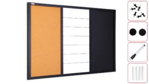 3-in-1-Kombitafel: Whiteboard, Kreidetafel magneitsch, Kork 90x60 cm + Zubehör