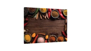 Glas Herdabdeckplatte Schneidebrett GEWÜRZE ORIENTALISCHES ZUTATEN GEWÜRZPULVER GEWÜRZFARBEN HOLZ 30x40 cm Multi-Platte Arbeitsplatte Herdschutz Deko für Küchen Gehärtetes