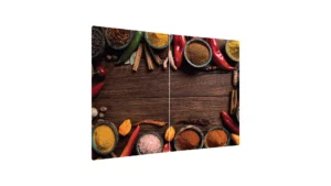 Glas Herdabdeckplatte Schneidebrett GEWÜRZE ORIENTALISCHES ZUTATEN GEWÜRZPULVER HOLZ 2er Set Multi-Platte Arbeitsplatte Herdschutz Deko für Küchen Gehärtetes Glas, 2 Stück - 52x30cm