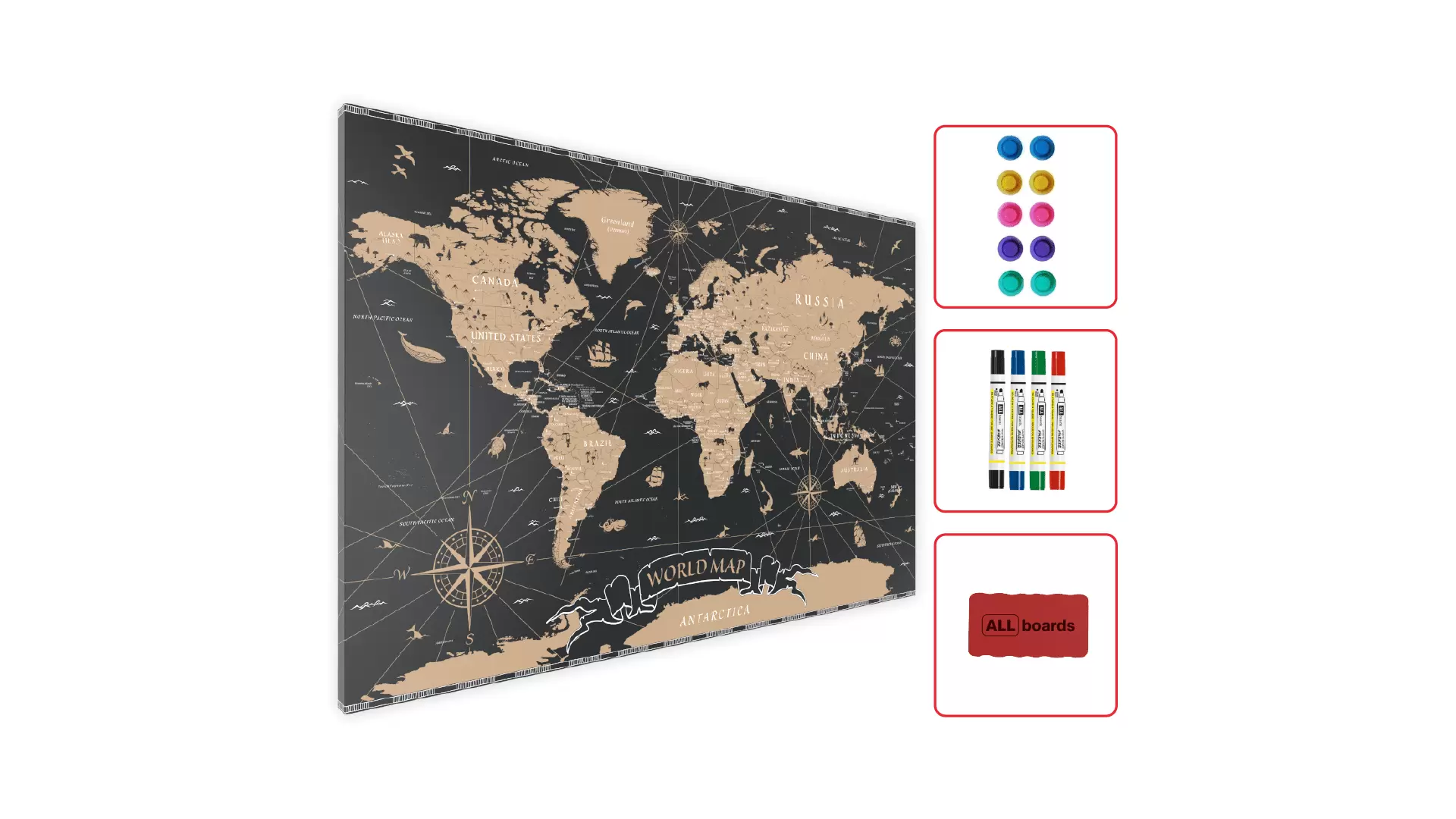 ALLboards Metallische Magnettafel WELTKARTE SCHWARZ VINTAGE KLASSISCH LÄNDER UND HAUPTSTÄDTE 90x60cm MetalBoards Memoboard für jede Art von Magneten Magnetpinnwand + 4 Marker, 10 Magnete und Schwamm