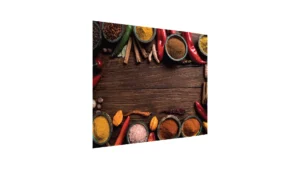 Spritzschutz Küche Herd GEWÜRZE ORIENTALISCHES ZUTATEN GEWÜRZPULVER HOLZ 60x65cm Küchenrückwand aus Echtglas, alle Unterlagen möglich, Gehärtetes Glas Schutz gegen Fett und Spritzwasser