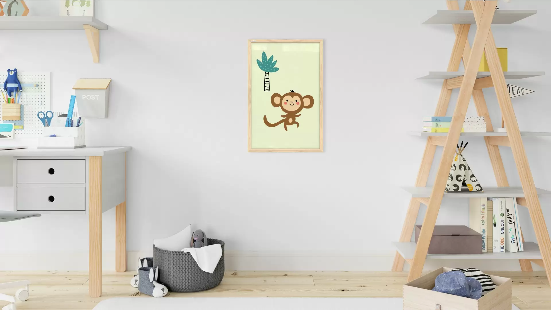 Affe, Pastellfarben, 60x40cm im Naturholzrahmen, Magnettafel – Bild 2