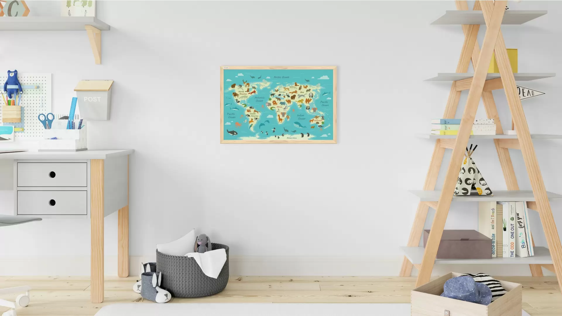 Bild der Weltkarte für Kinder, Tiere, 60x40cm im Naturholzrahmen, Magnettafel – Bild 2