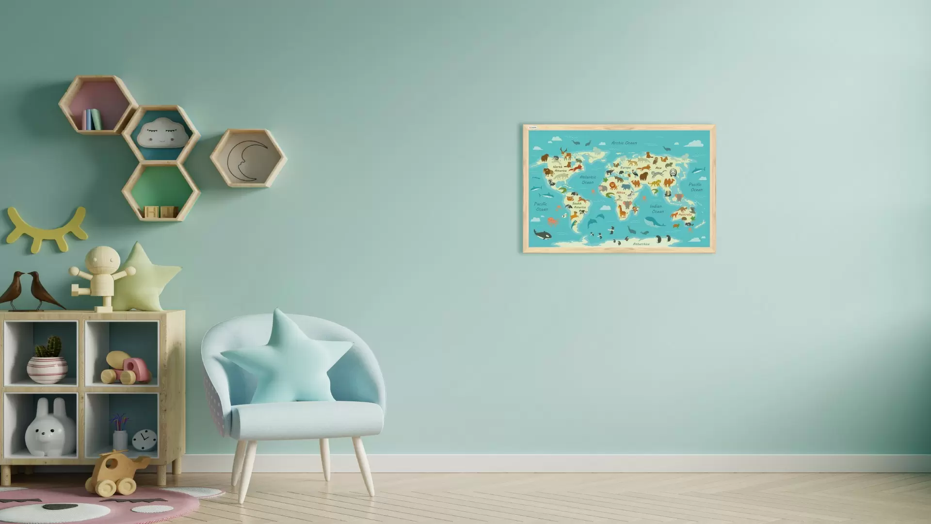 Bild der Weltkarte für Kinder, Tiere, 60x40cm im Naturholzrahmen, Magnettafel – Bild 3