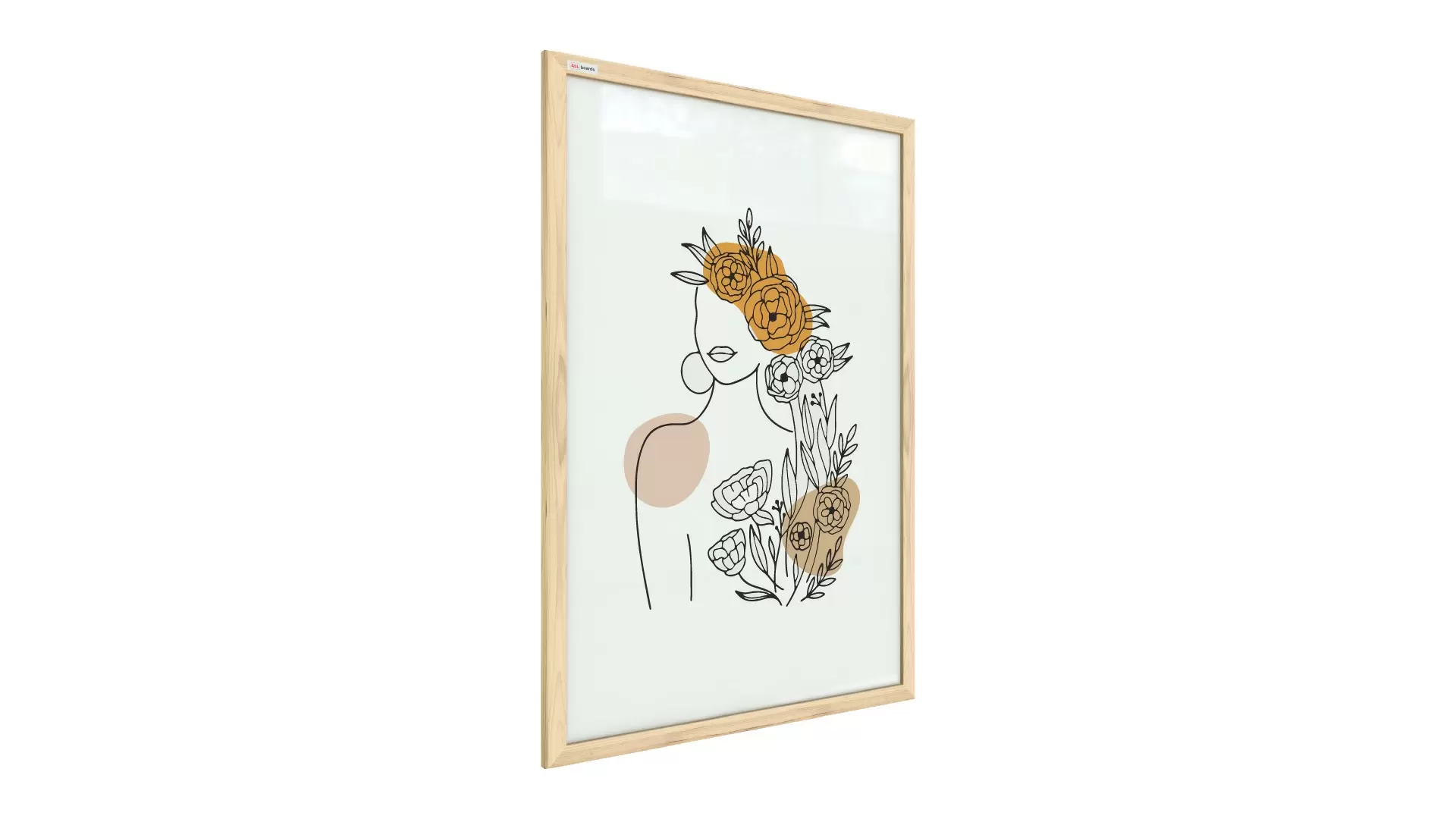 Frau in Blumen, Beige-Pastellfarben, 60x40cm im Naturholzrahmen, Magnettafel Nr. 3